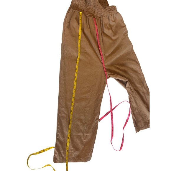 Sass Womens 12 Tan Smocked Jumpsuit Ruffle Straps Linen Blend Comfort Beachy - Picture 11 of 11